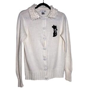 Y2K Vintage Black Cat Embellished Textured Collar Button Cardigan Sweater Preppy